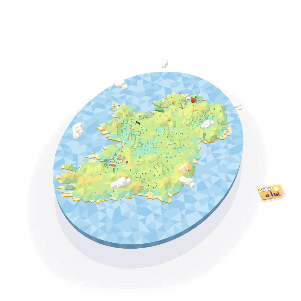 A chunky toy model of the island of Ireland in mint, pistachio and butter yellow, sitting in a powder-blue faceted sea on a pale table. A trail of orange bounce marks runs from Derry down the west to Limerick, and a little basketball sits on Derry.